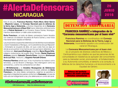 #AlertaDefensoras 26062016 NICARAGUA / Detención arbitraria de Francisca Ramírez e integrantes de la “Caravana mesoamericana por el buen vivir”